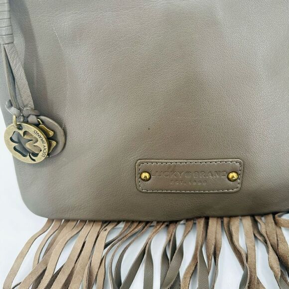 Lucky Brand Leather Fringe Crossbody Bag Gray Western Hippie Boho 3 Section - Picture 3 of 12